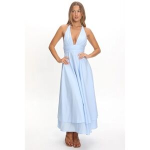 Selfie Leslie Blue Satin-Feel Halter Maxi Dress XS NWT Bow Detail Formal Evening